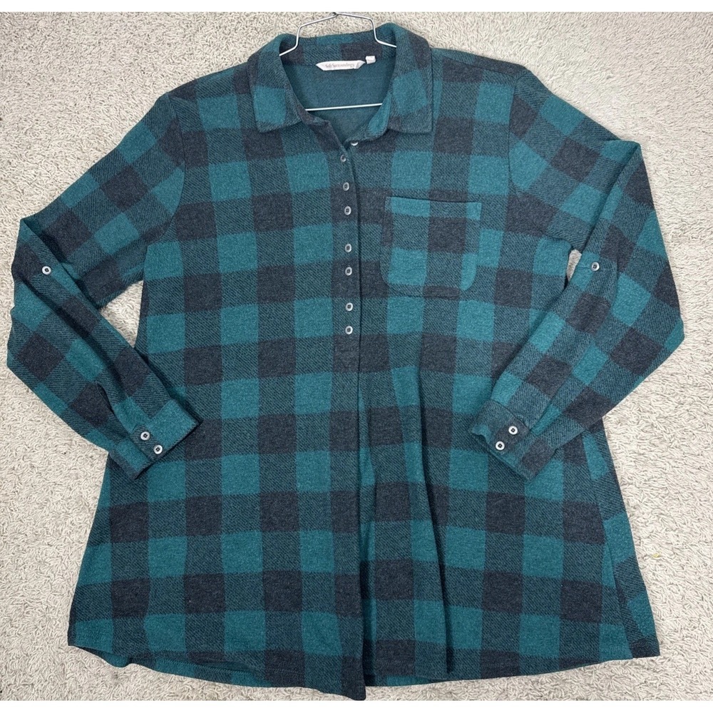 Soft Surroundings Teal Buffalo Check Henley Tunic Top Shirt M Roll Tab Sleeves - Picture 5 of 9